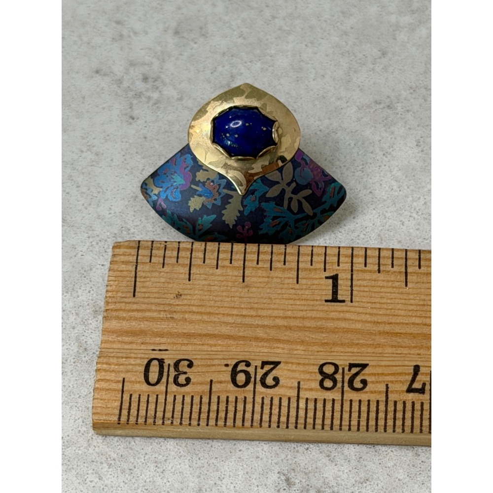 Vintage Holly Yashi Lapis Iridescent Floral Fan Post Earrings Gold Tone Signed - Picture 2 of 9